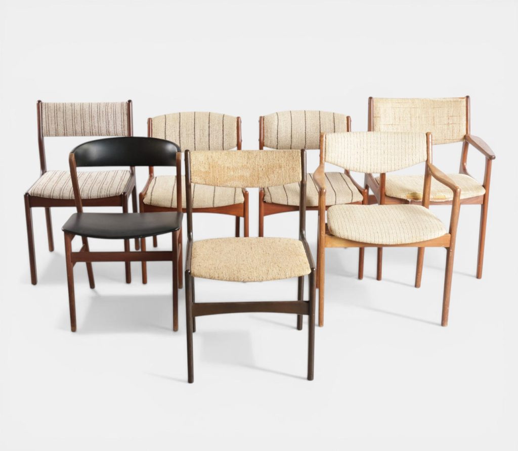 Sæt på syv spisestole i teak og bøg, 1950-60’erne