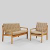 Sæt af to-personers sofa og en lænestol, massivt egetræ og stribet tekstil, dansk møbelproducent, 1950/60’erne, (2). — billede 2